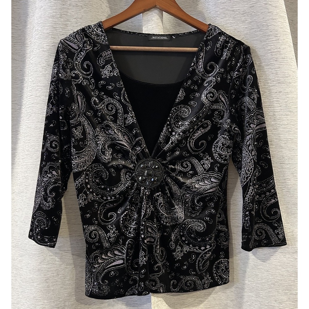 Vtg Y2K Notations Babydoll Top Dark Paisley Stretch Whimsigoth Fairy Grunge